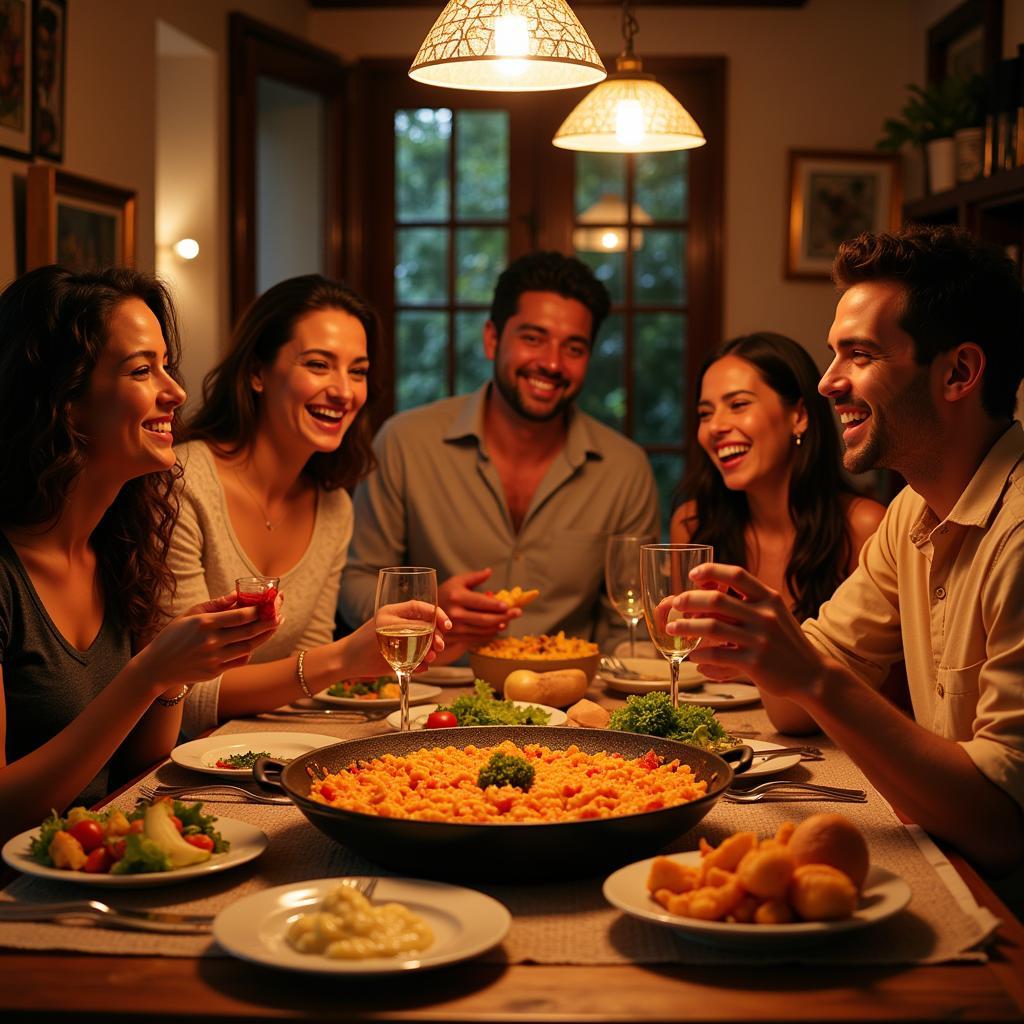 Spanish Family Enjoying Paella Dinner