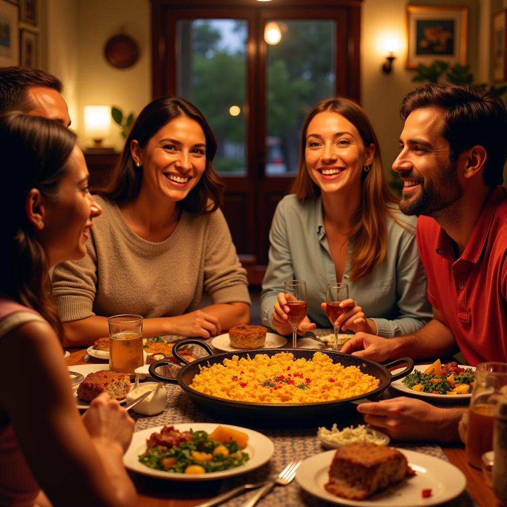 Family enjoying paella dinner