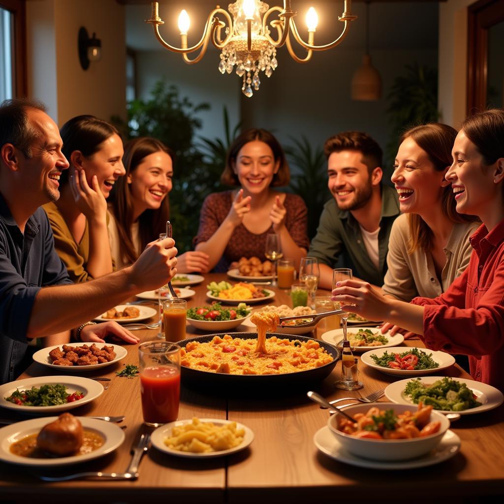 A Spanish Family Enjoying Paella Dinner