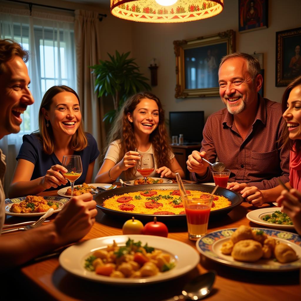 A Spanish family enjoying paella dinner together