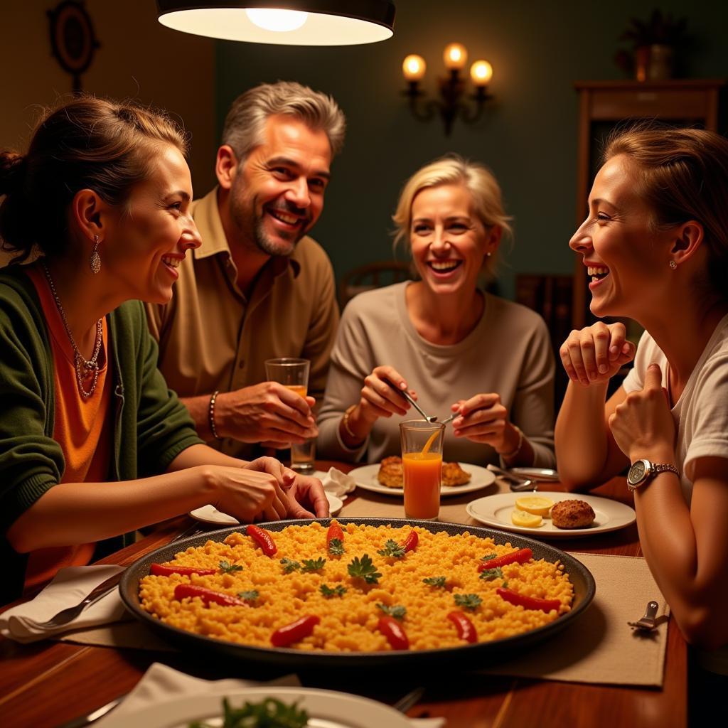 Family enjoying paella dinner in Spain