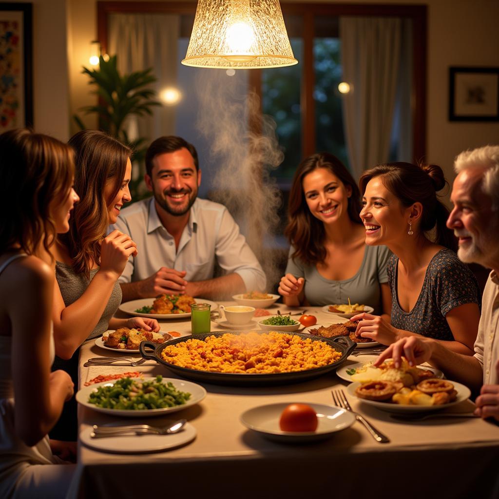 Family enjoying a traditional paella dinner in Spain