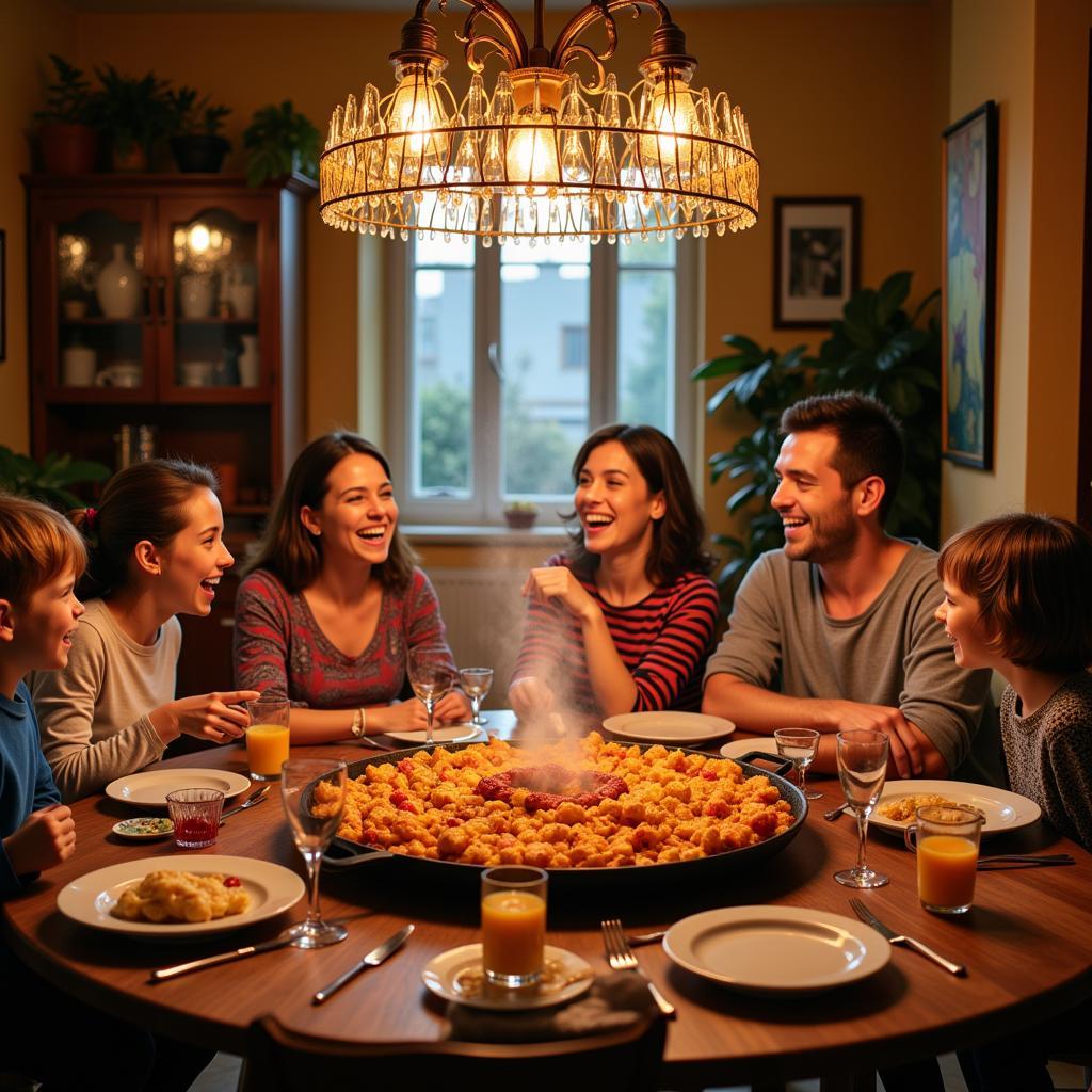 Family enjoying paella dinner