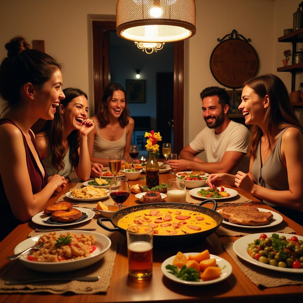 Family enjoying paella dinner in Spain