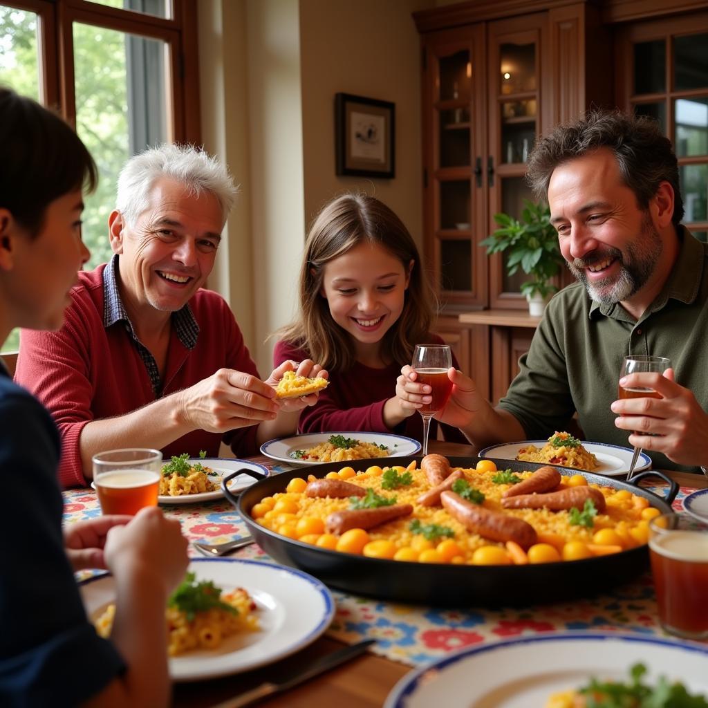 Spanish family enjoying paella dinner