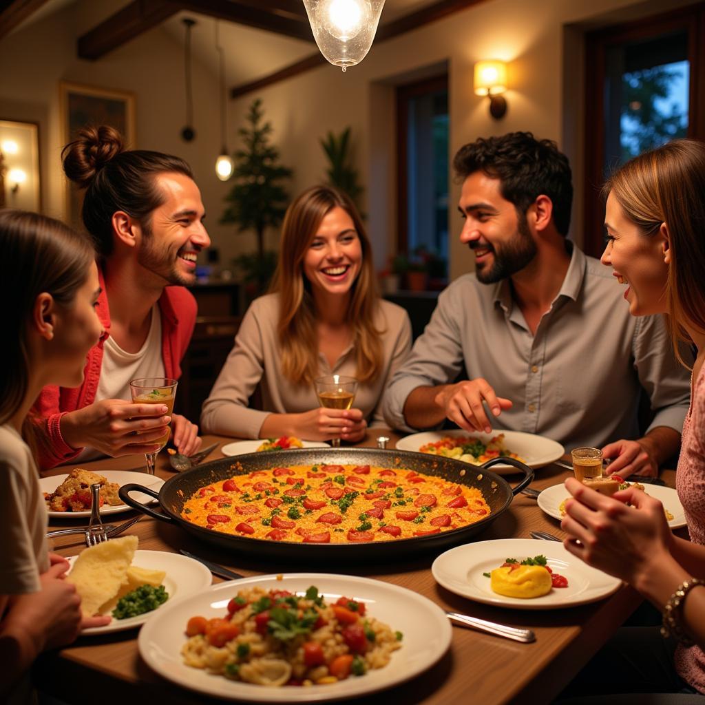 Family Enjoying Paella Dinner in Spain