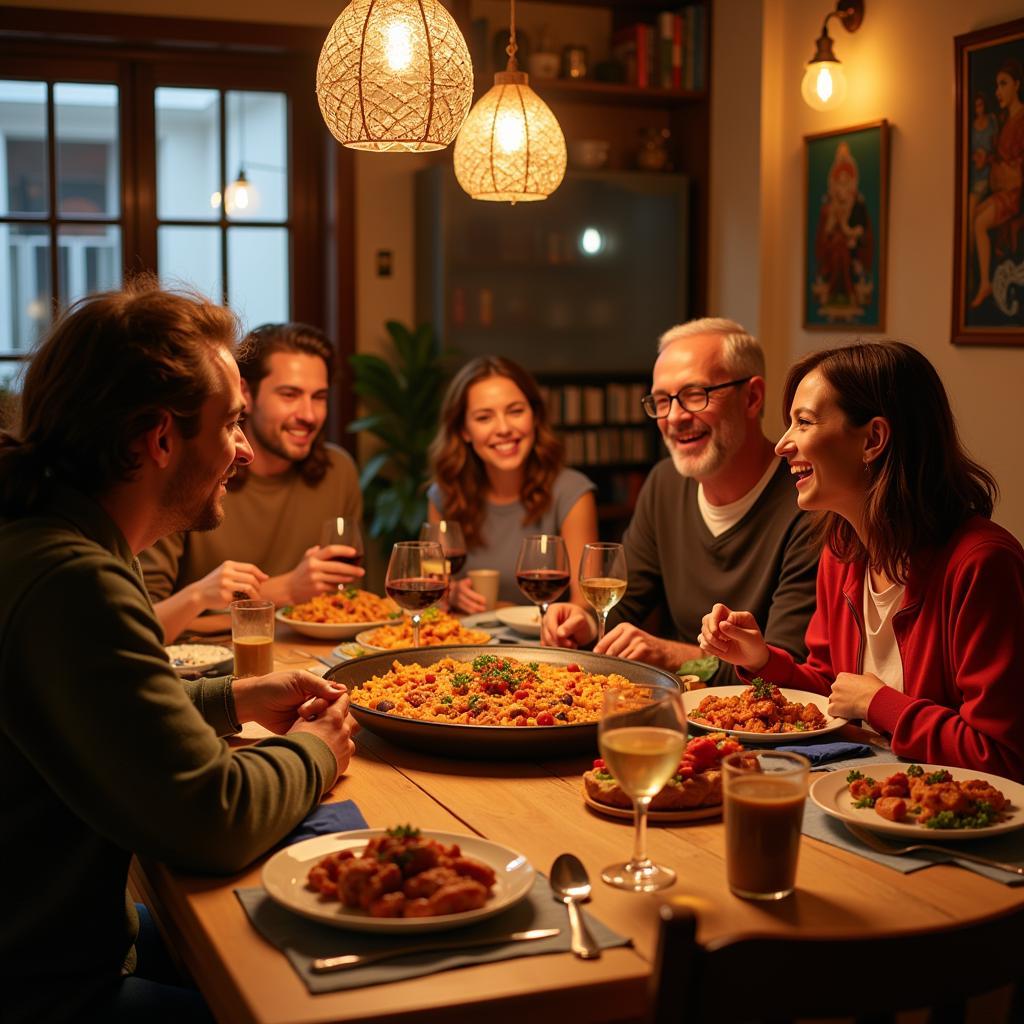 Spanish family enjoying paella dinner