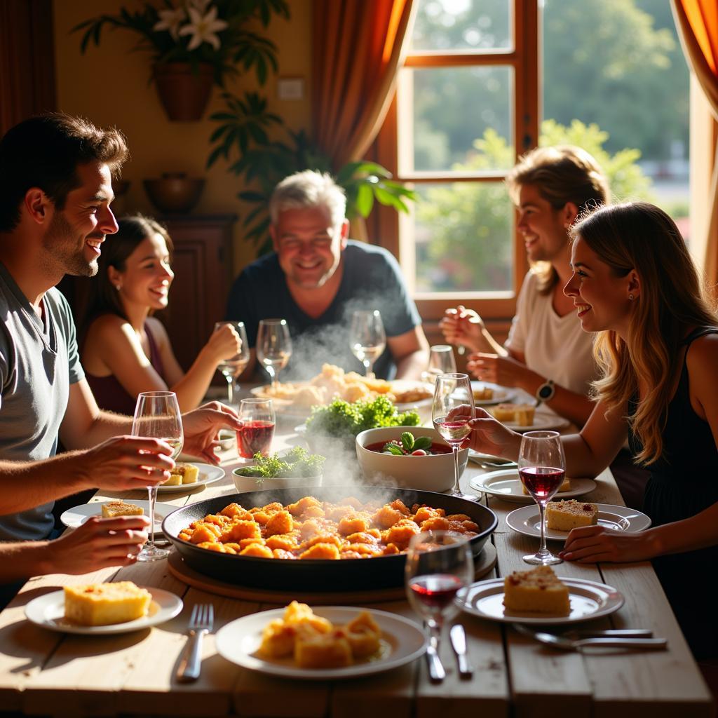 Family enjoying paella dinner in a Spanish home