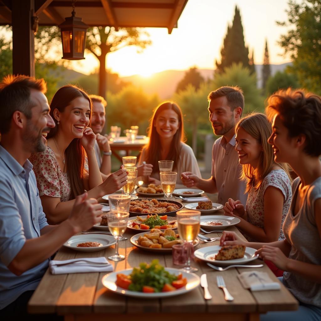 Spanish Family enjoying Paella Dinner