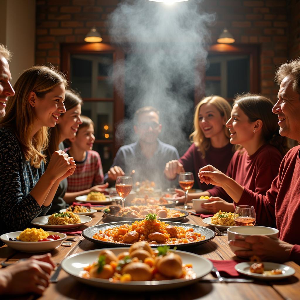 A Spanish family enjoying a traditional paella dinner together.