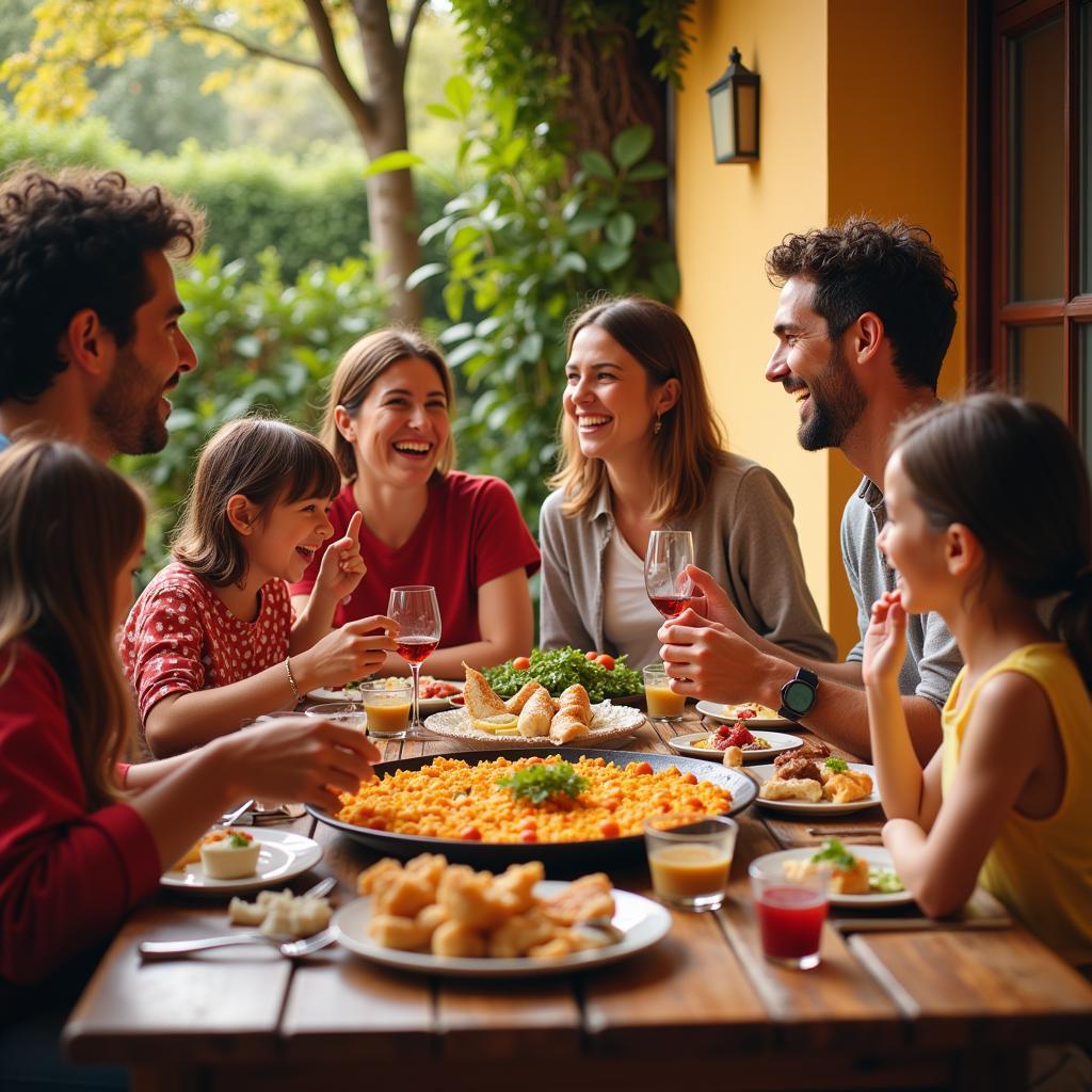 A Spanish family enjoying paella dinner