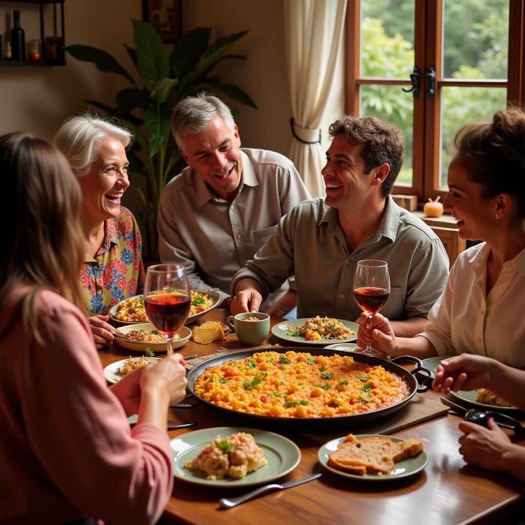 Family enjoying paella dinner