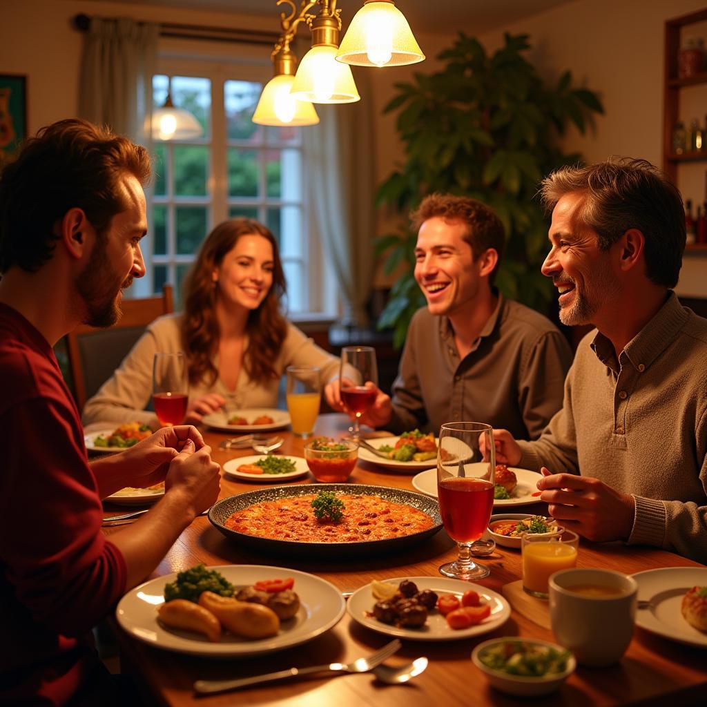 Family enjoying a traditional paella dinner in a Spanish home