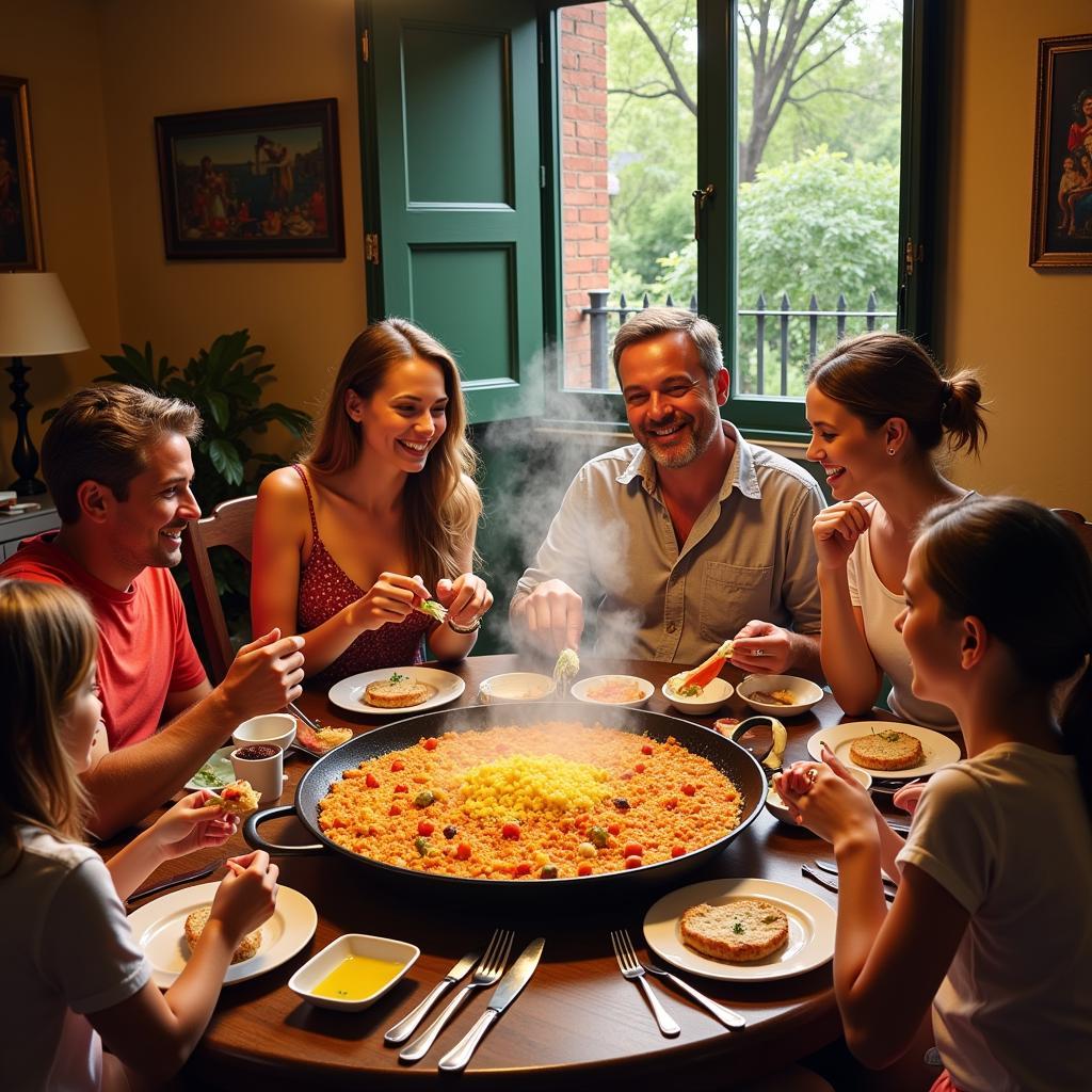 A Spanish family enjoying a traditional paella dinner together