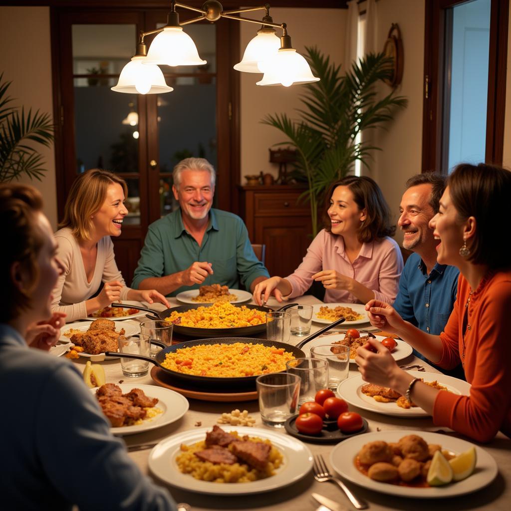 Spanish family enjoying paella dinner together