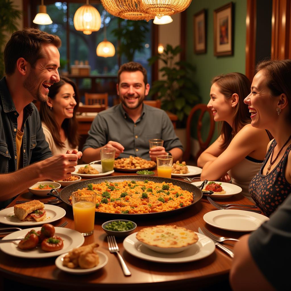 A Spanish family enjoying paella dinner together