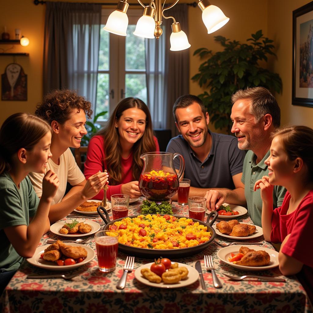 A Spanish family enjoying a traditional paella dinner