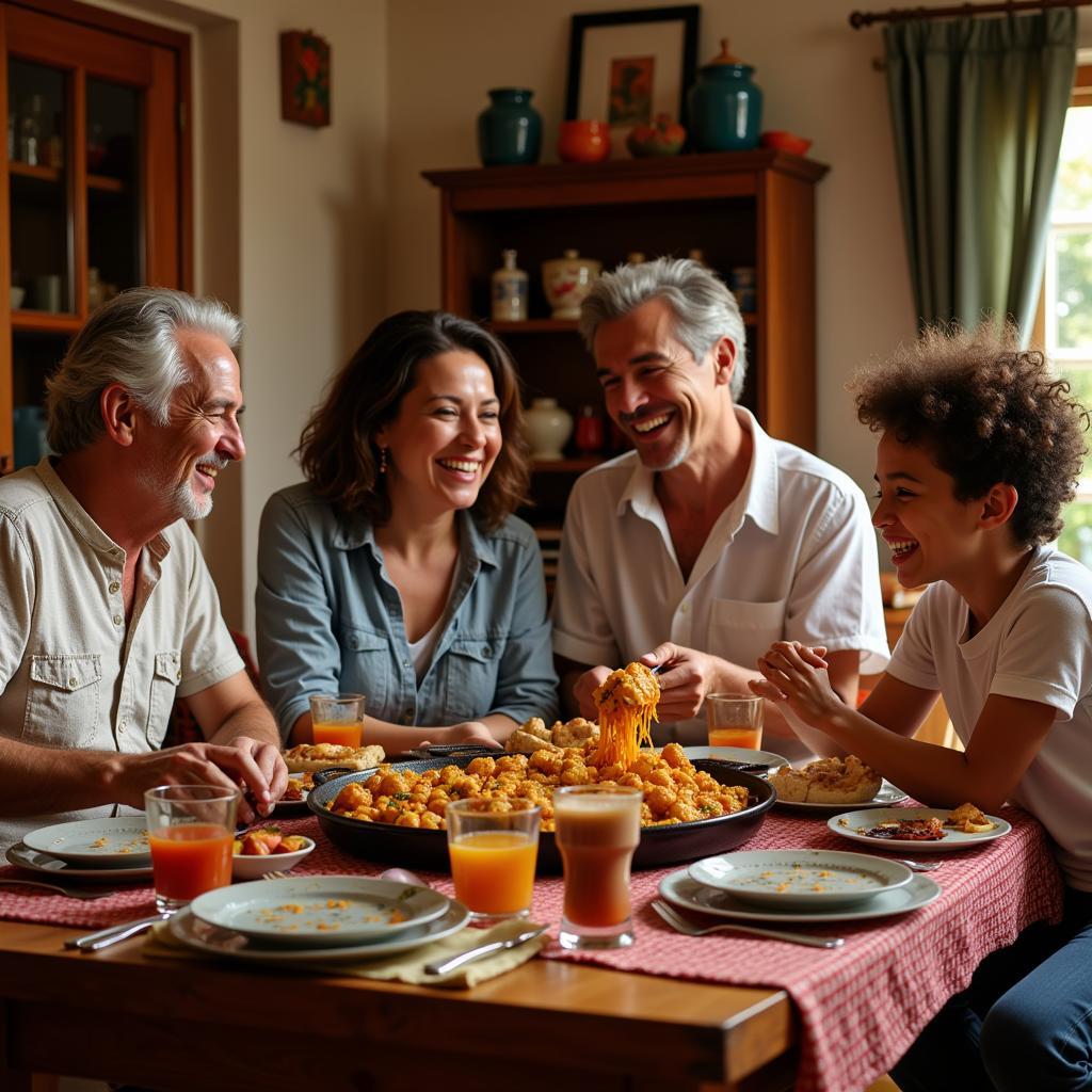 Family Enjoying Paella Dinner in a Spanish Home