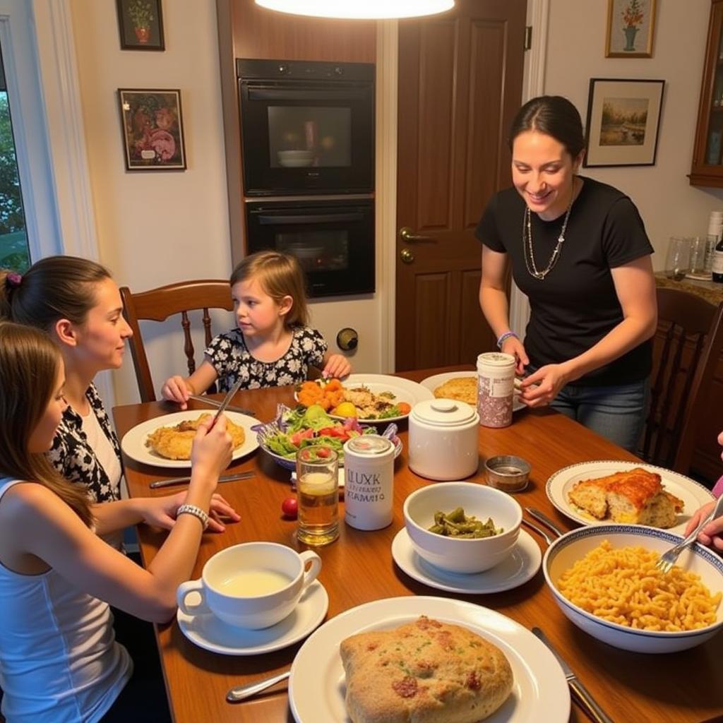 A multi-generational Spanish family gathers around a table laden with a colorful paella, laughing and sharing stories. The warm glow of the setting sun bathes the scene in a golden light.