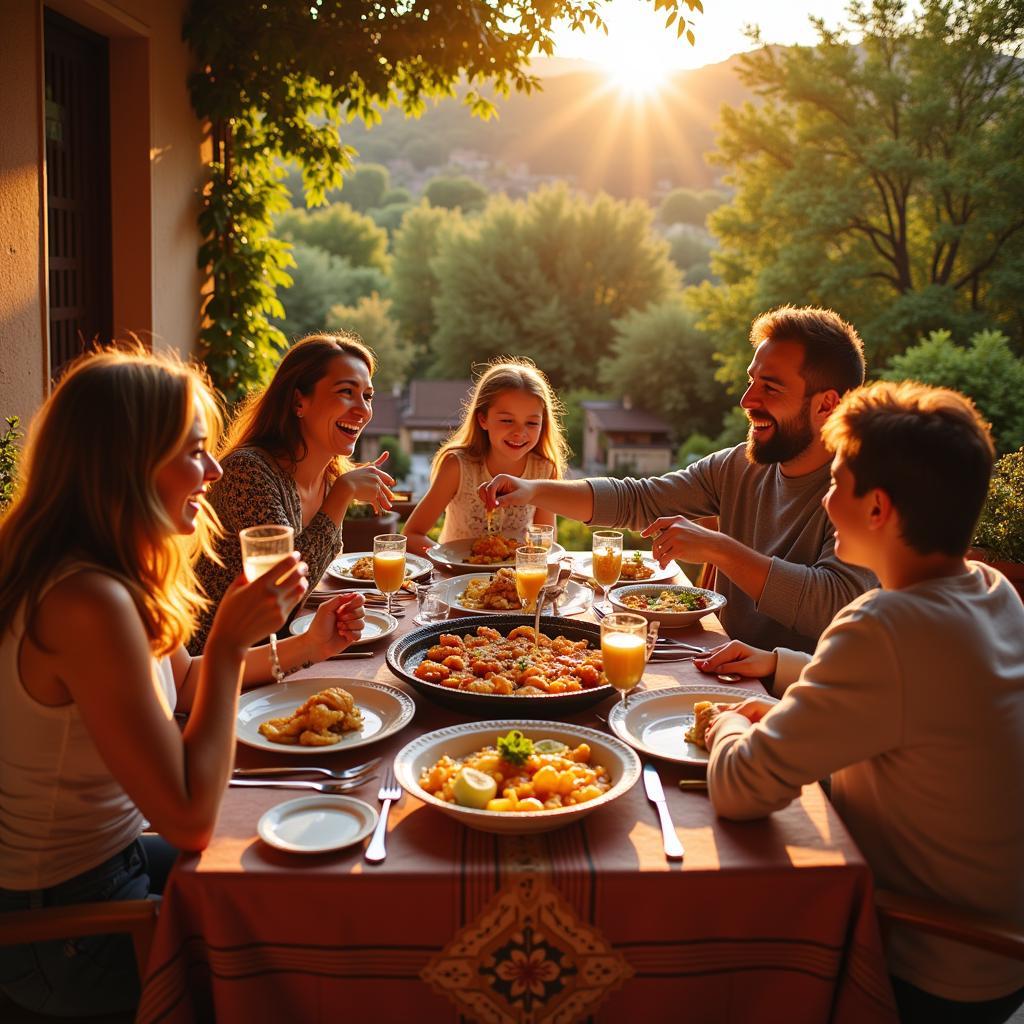 Family enjoying paella dinner