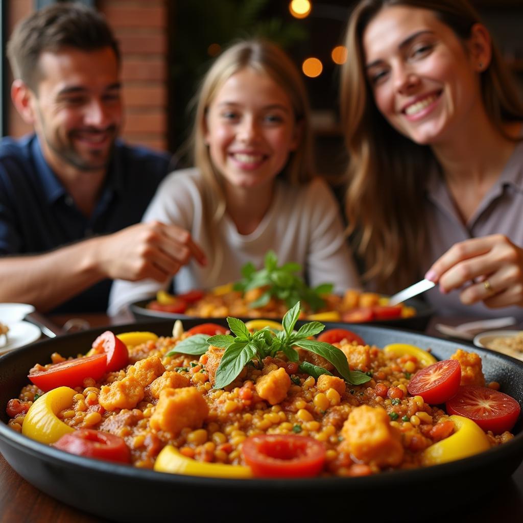 Spanish family enjoying paella dinner together