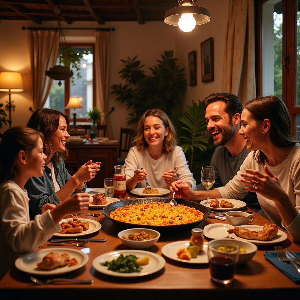 Spanish family enjoying paella dinner