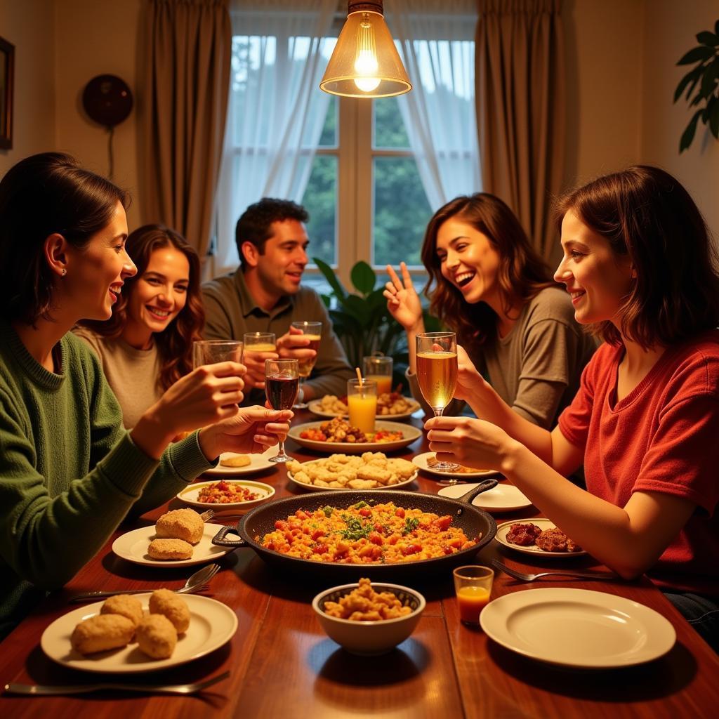 Spanish Family Enjoying Paella Dinner