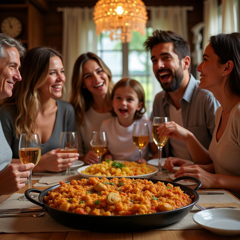 A Spanish family enjoying a traditional paella dinner together