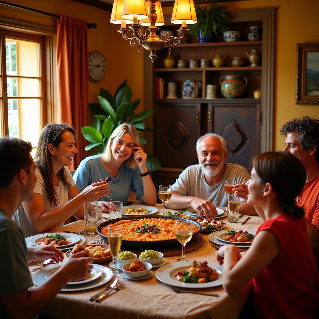 Family Enjoying Paella Dinner