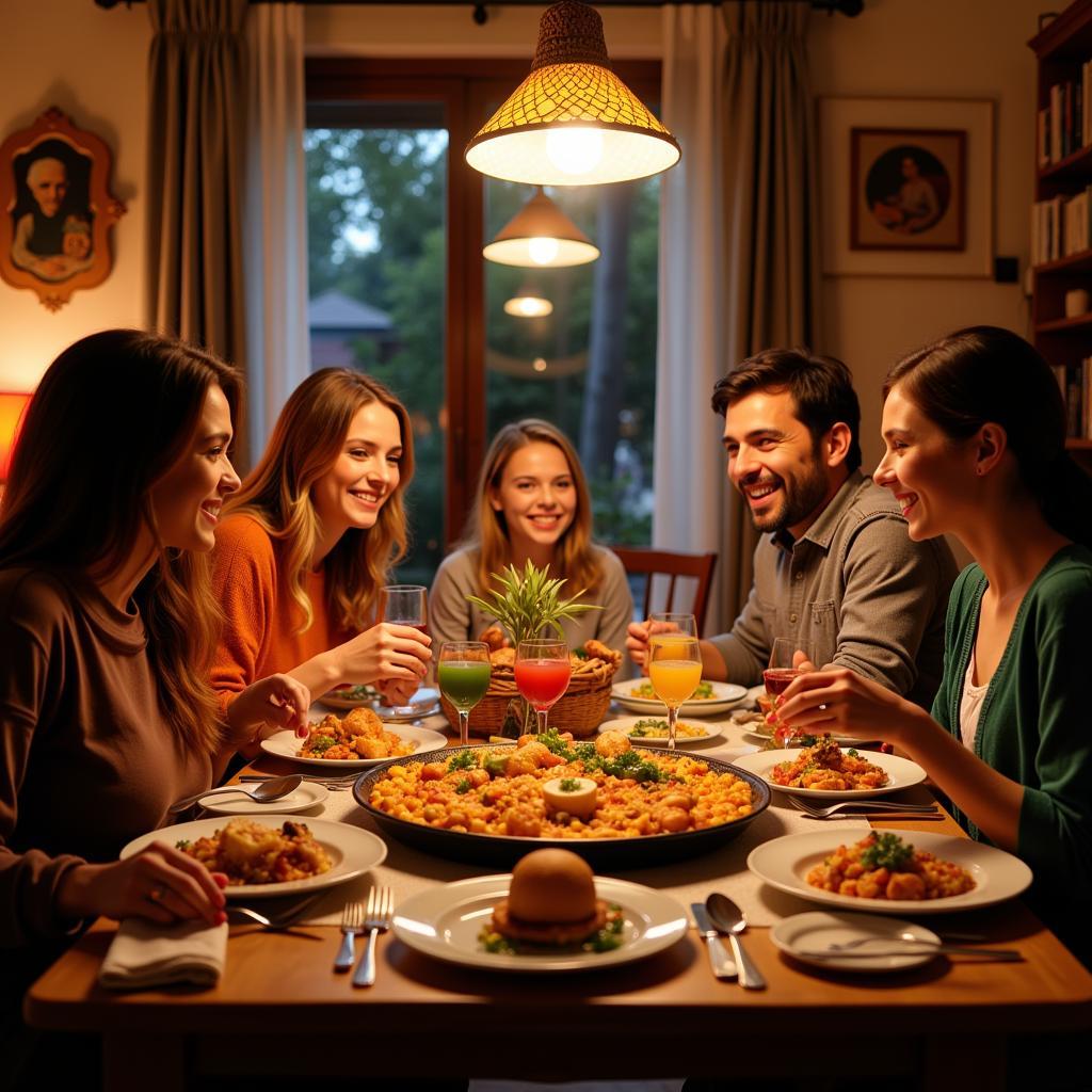 Spanish Family Enjoying Paella Dinner