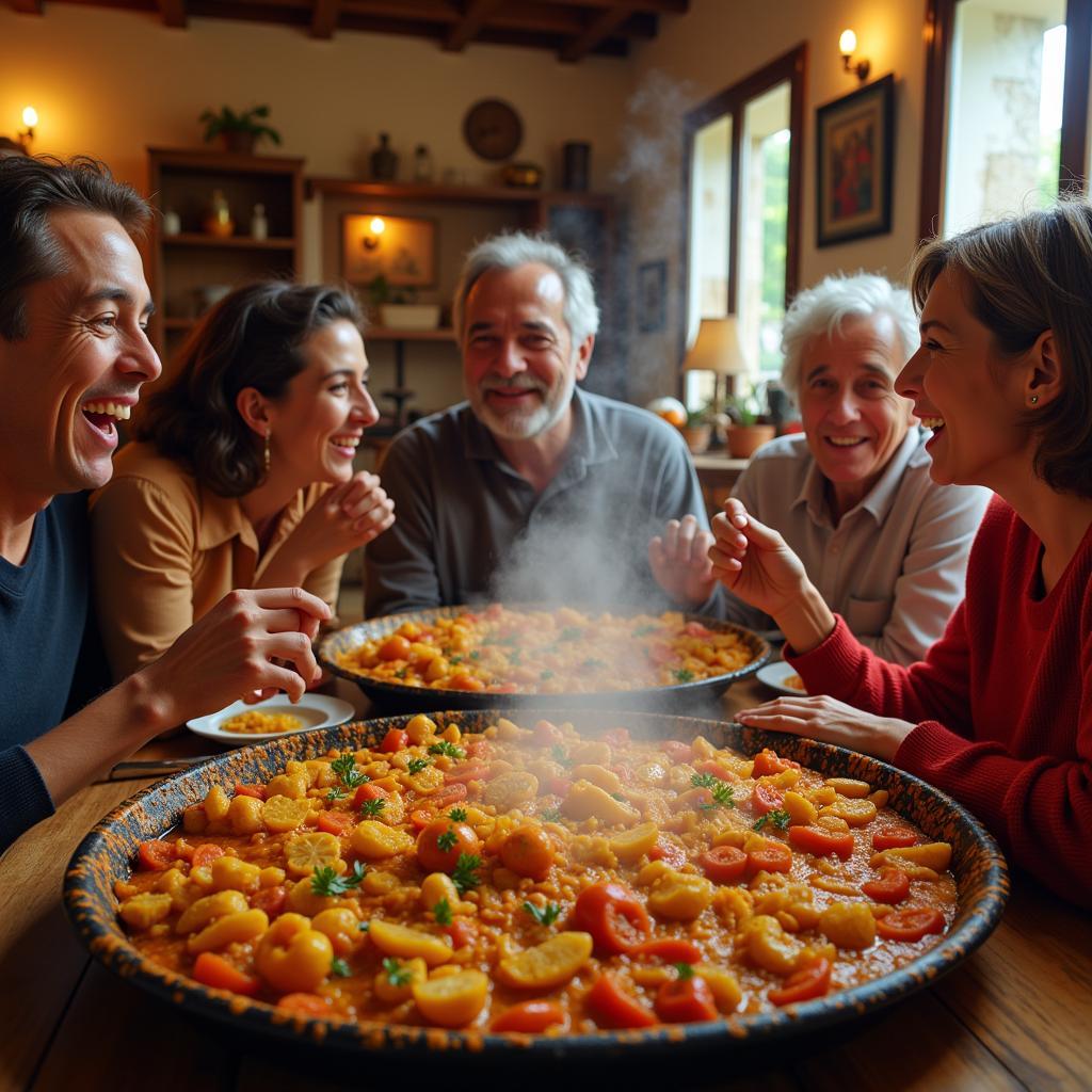 Family enjoying paella dinner