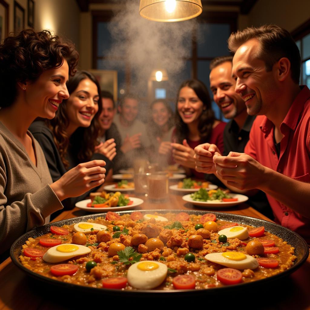 A Spanish family enjoying a paella dinner in their traditional home