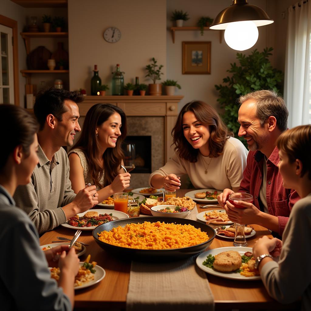 Family enjoying paella dinner