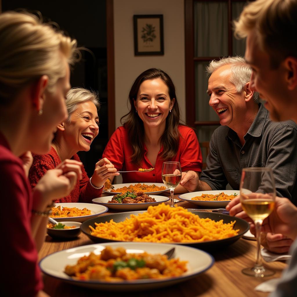 Spanish family enjoying paella dinner together