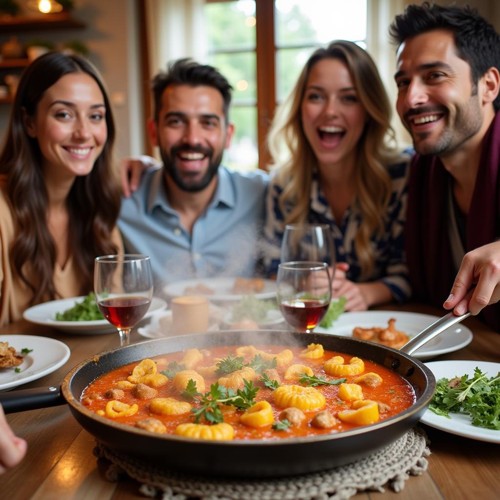 Spanish Family Enjoying Paella Dinner