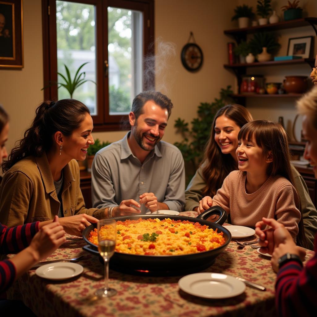 Family Enjoying Paella Dinner