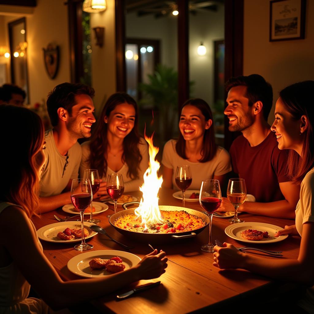 Family enjoying Paella Dinner in Spain