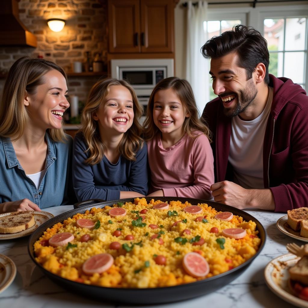 Family enjoying a traditional paella dinner