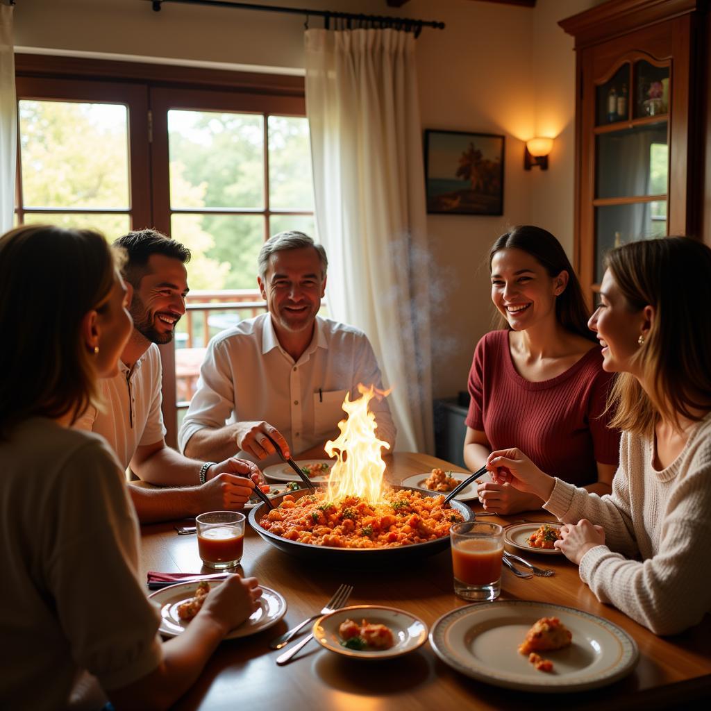 Family enjoying paella dinner in a traditional Spanish home