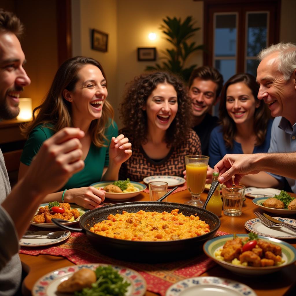 Family Enjoying Paella Dinner