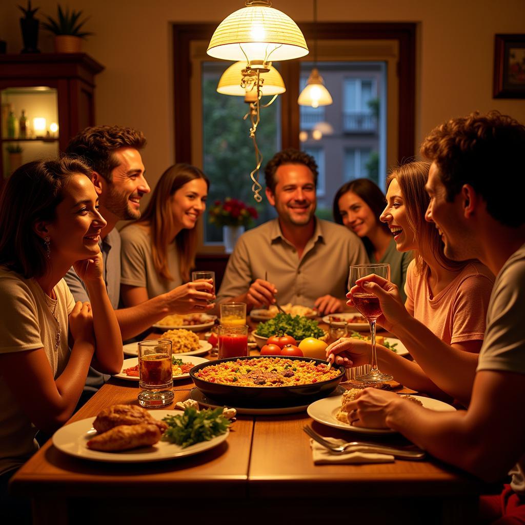 Family enjoying a traditional paella dinner