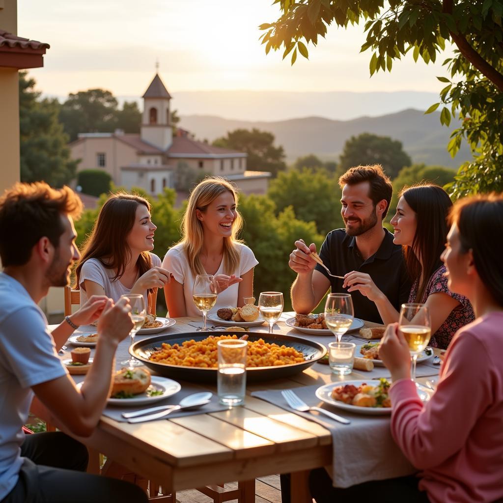 Spanish Family Enjoying Paella Dinner