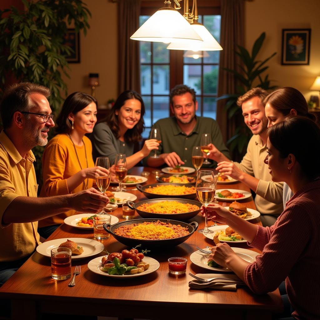 A Spanish family enjoying a traditional paella dinner together