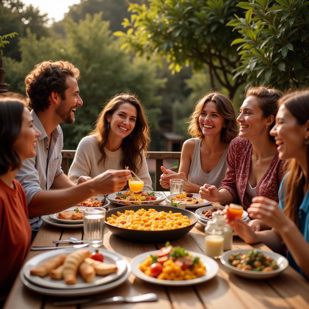 Family enjoying paella dinner