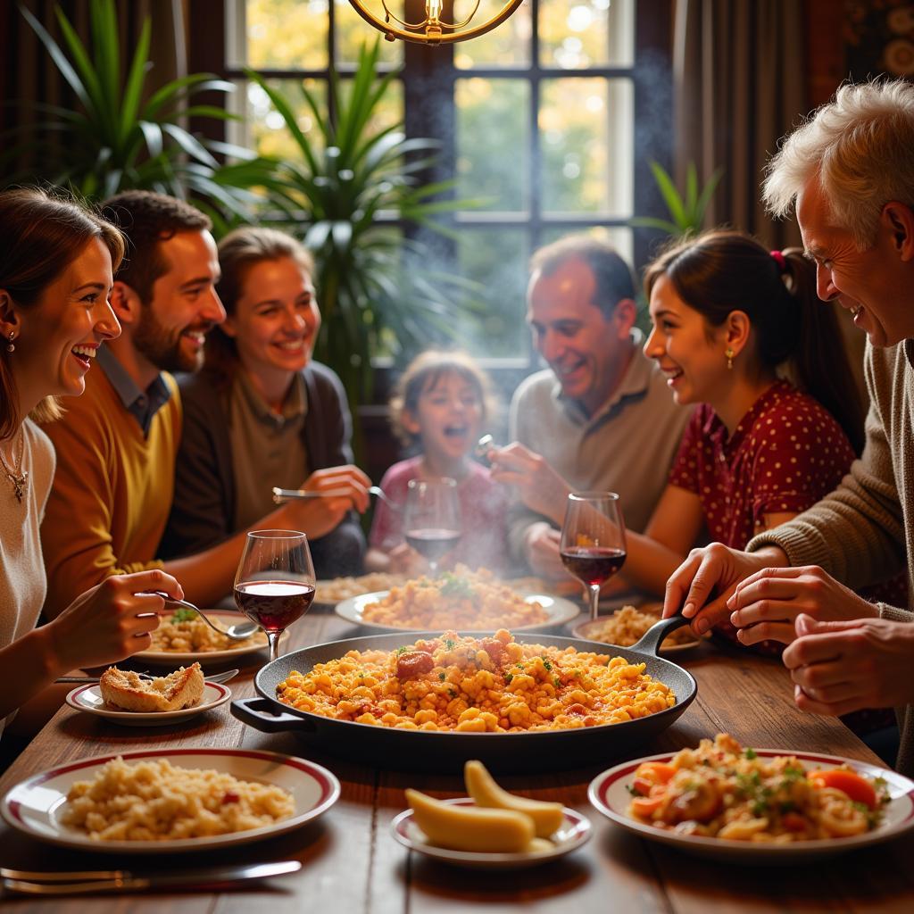 A Spanish family smiling and enjoying a traditional paella dinner together around a table