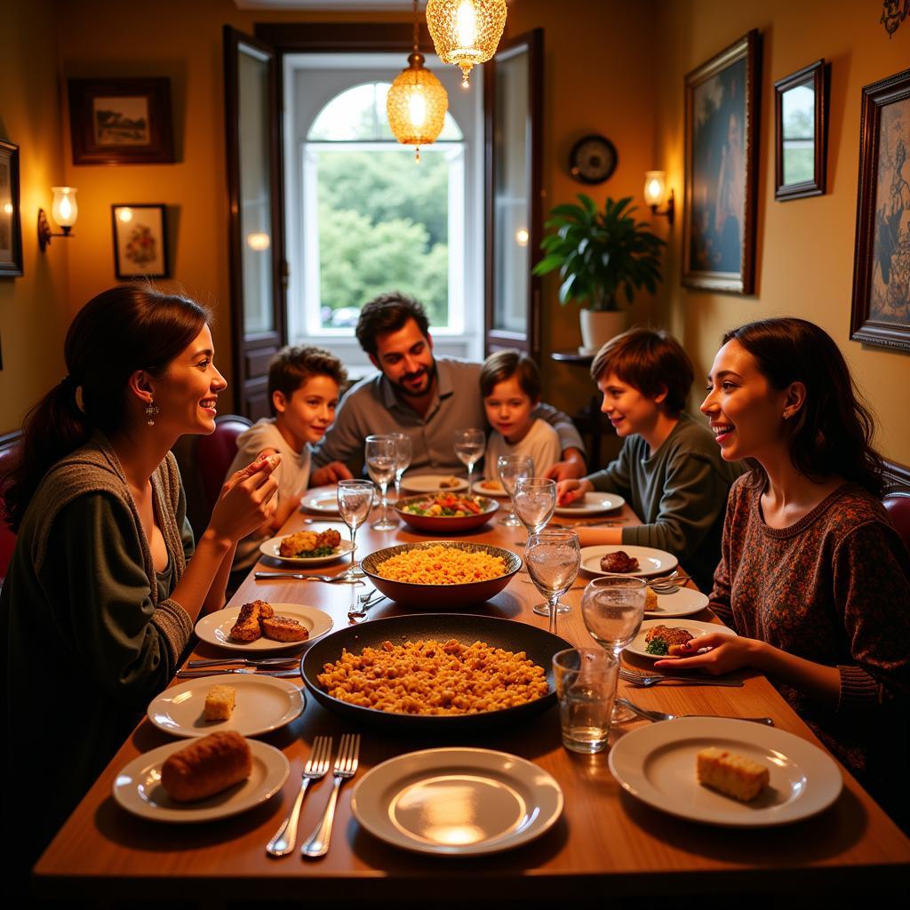 Spanish Family Enjoying Paella Dinner