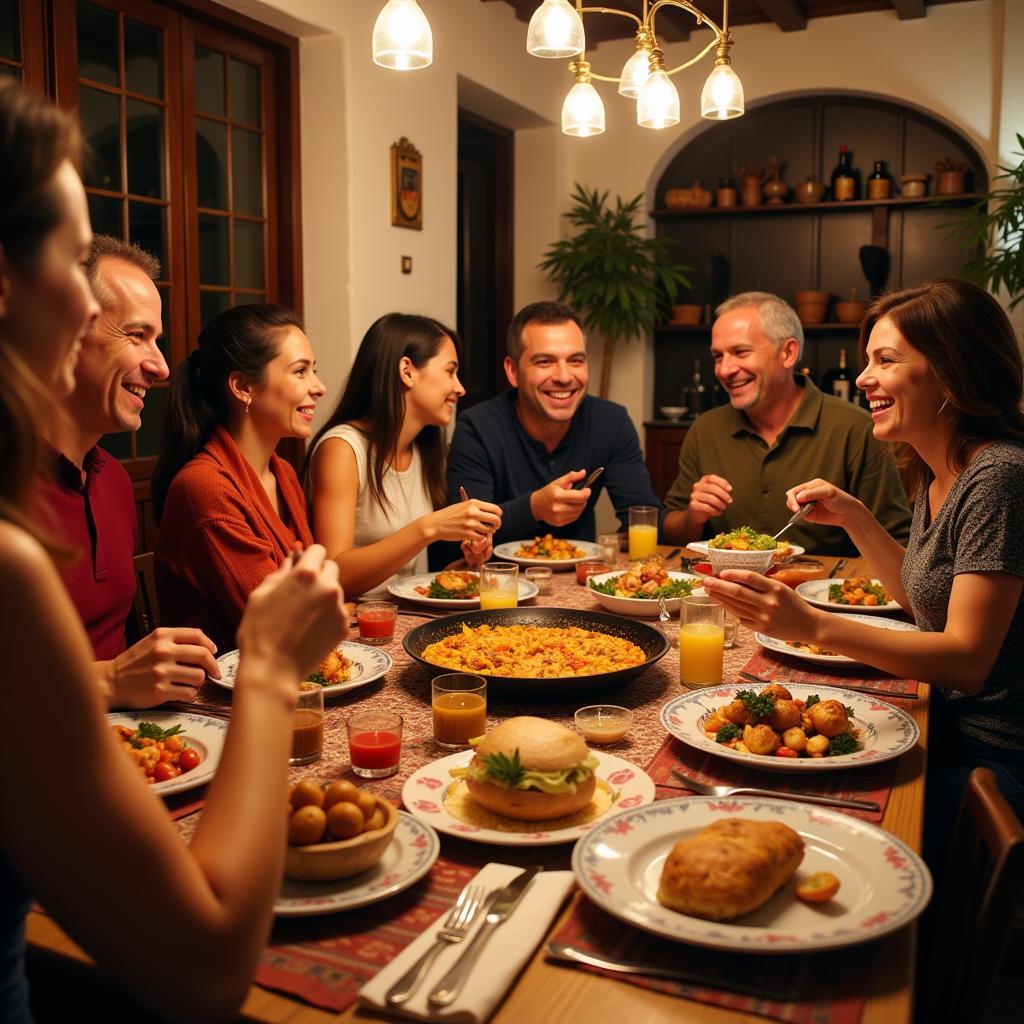 Spanish Family Enjoying Paella Dinner