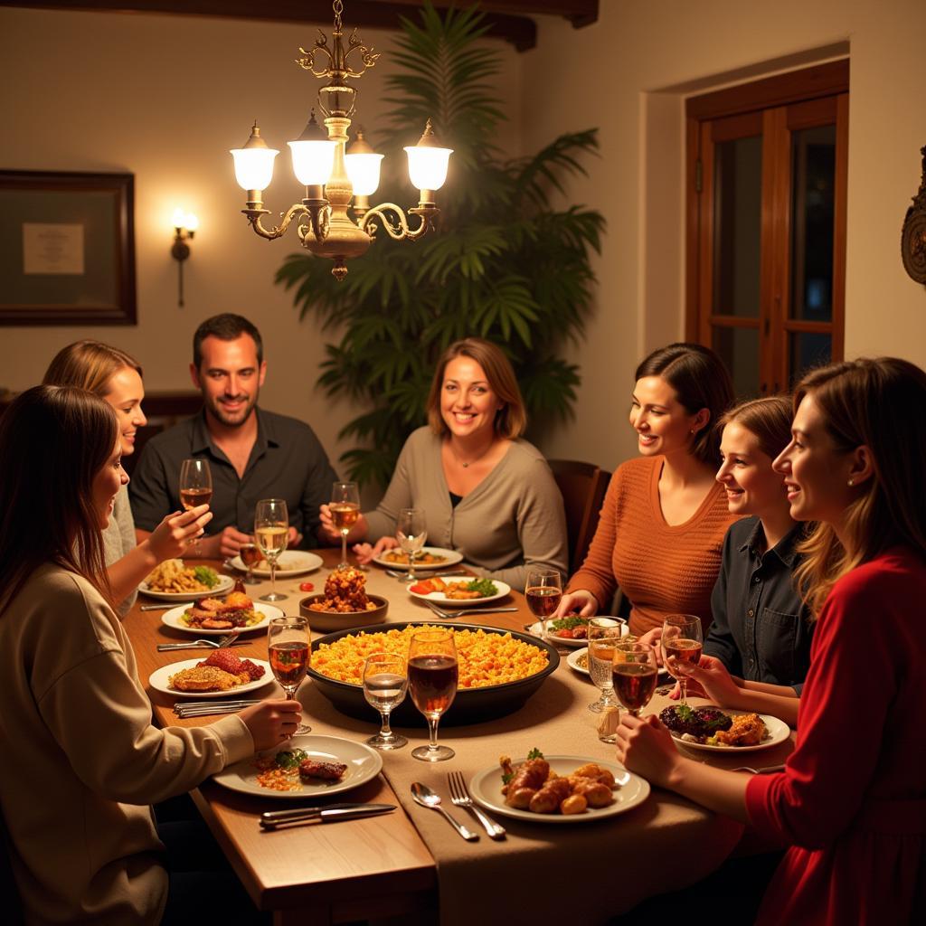 Spanish family enjoying paella dinner at Alegra home