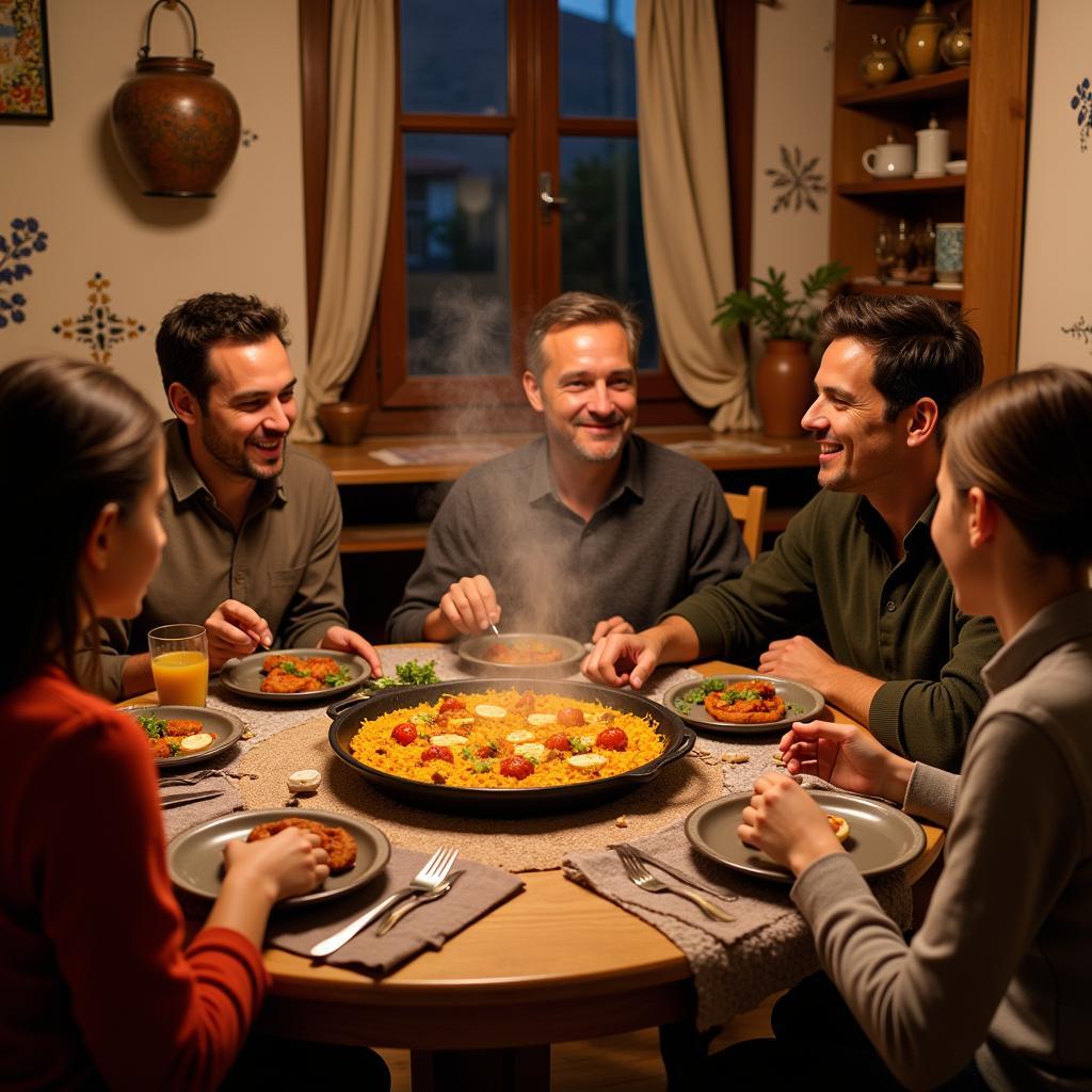 Spanish family enjoying paella dinner at Home 17