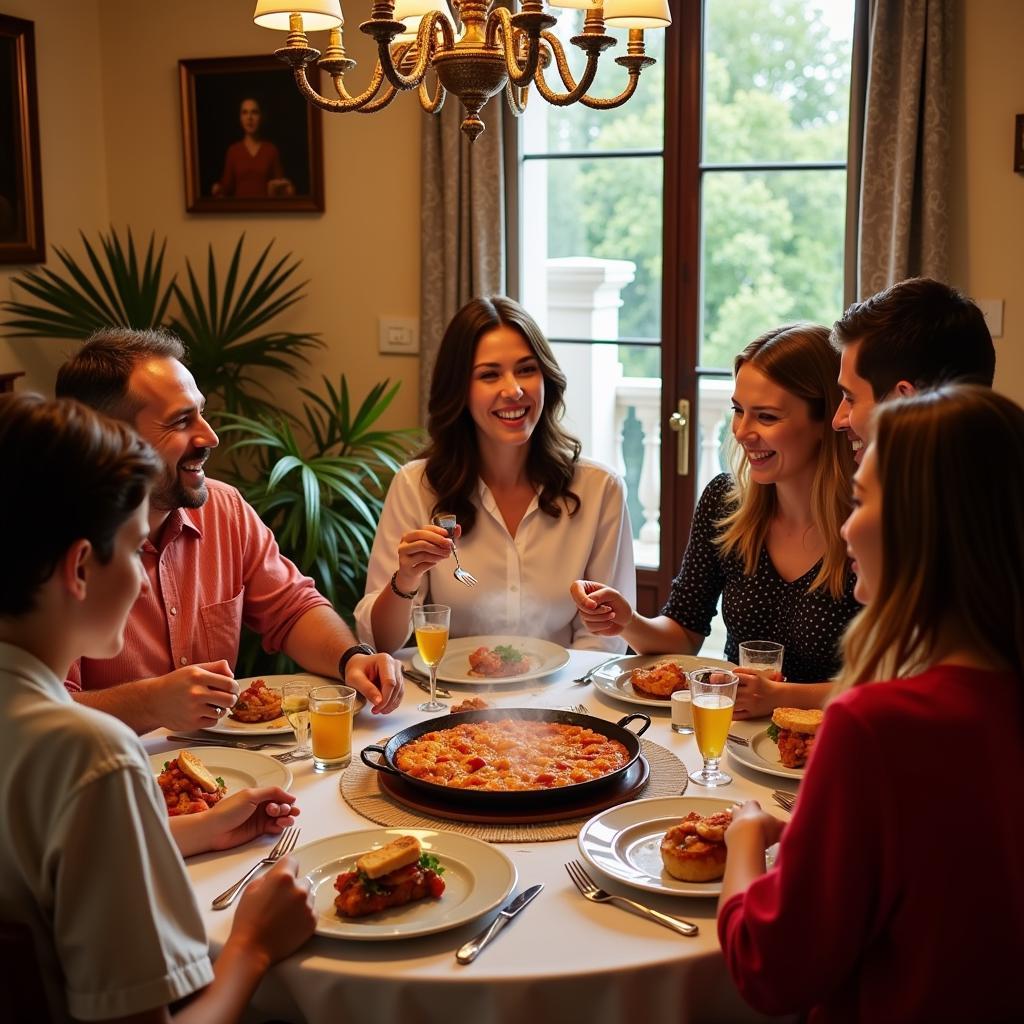 Family enjoying paella dinner in a Spanish home deluxe setting